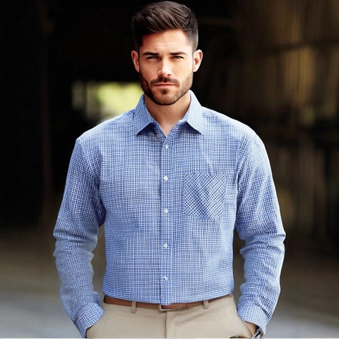 Chemise à Carreaux Business Casual pour Hommes Manches Longues Boutonnage Revers Top Avec Poche Mélange Polyester Rayonne