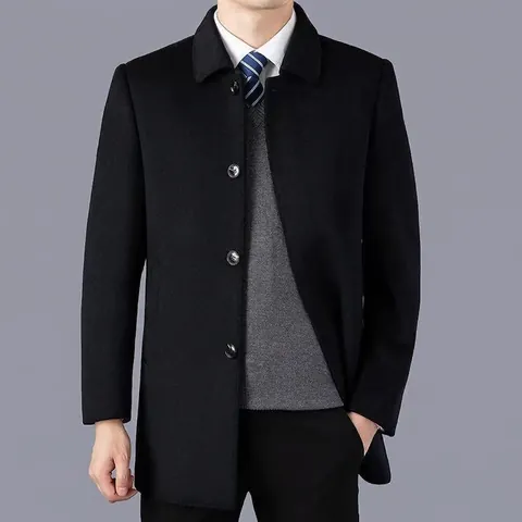 Abrigo de Lana de Negocios Casual para Hombre Abotonadura Sencilla Solapa Largo Medio Cálido Abrigo de Mezcla de Poliéster para Hombre Otoño Invierno