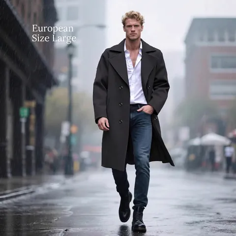 Men Double Breasted Woolen Blend Coat Slim Fit Long Trench Jacket Business Casual British Style Solid Color Overcoat