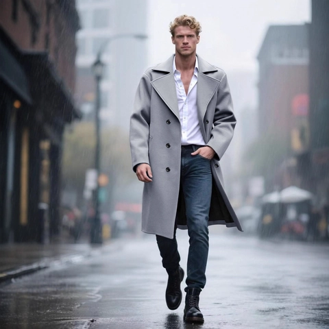 Men Double Breasted Woolen Blend Coat Slim Fit Long Trench Jacket Business Casual British Style Solid Color Overcoat