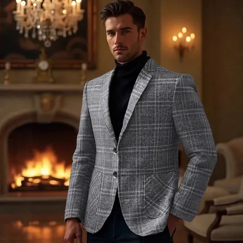 Chaqueta Blazer de Cuadros para Hombre Ajustada Solapa de Muesca de Una Hilera Traje Casual Estilo Británico Abrigo Deportivo