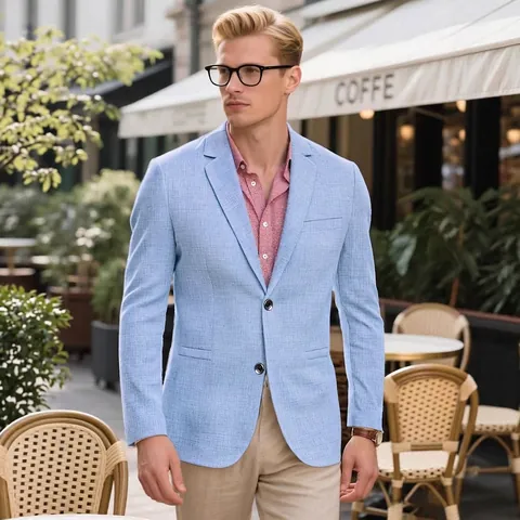 Men's Casual Blazer Slim Fit Business Office Jacket Polyester Blend Linen Texture Notched Lapel Single Breasted Coat For Men