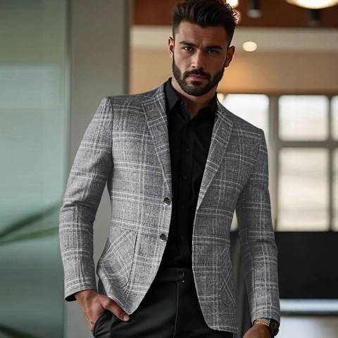 Blazer à Carreaux Décontracté pour Hommes Coupe Cintrée Col à Revers Veste de Costume Simple Boutonnage pour Bureau Printemps Automne