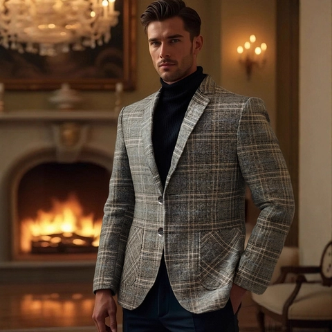 Chaqueta Blazer de Cuadros para Hombre Ajustada Solapa de Muesca de Una Hilera Traje Casual Estilo Británico Abrigo Deportivo