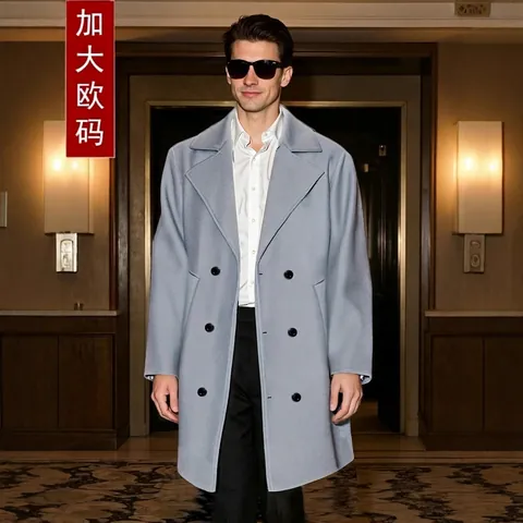 Men Mid Length Double Breasted Trench Coat Peaked Lapel Solid Color Polyester Business Casual Overcoat For Office Daily Wear