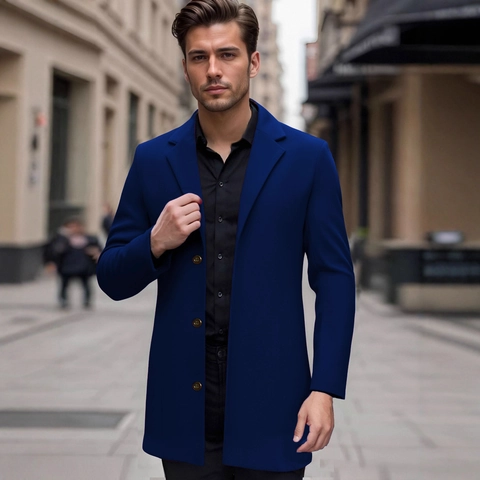 Men's Mid-Length Overcoat Polyester Woolen Texture Single Breasted Notch Lapel Three Buttons Business Casual Slim Fit Classic Style Coat