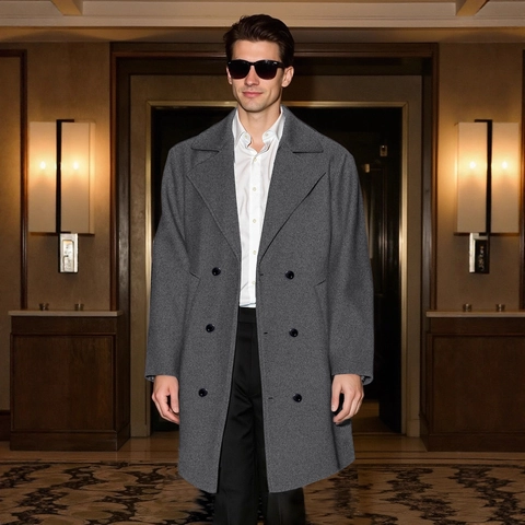 Men Mid Length Double Breasted Trench Coat Peaked Lapel Solid Color Polyester Business Casual Overcoat For Office Daily Wear