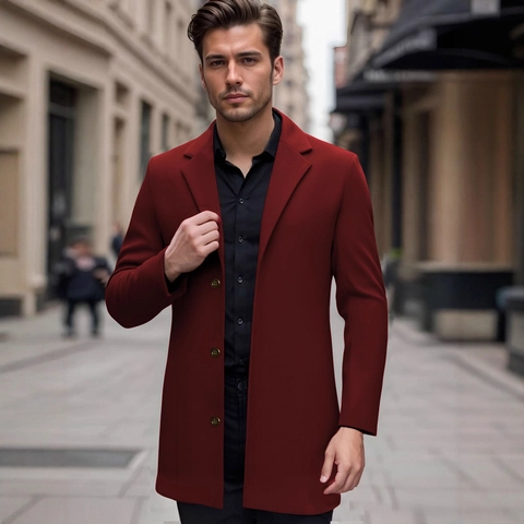 Men's Mid-Length Overcoat Polyester Woolen Texture Single Breasted Notch Lapel Three Buttons Business Casual Slim Fit Classic Style Coat