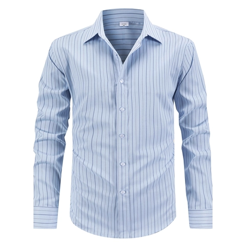 Herren Business Casual Gestreiftes Langarm Hemd Polyester Bügelfrei Knopfleiste Revers Büro Arbeit Oberteil Für Männer Jugend