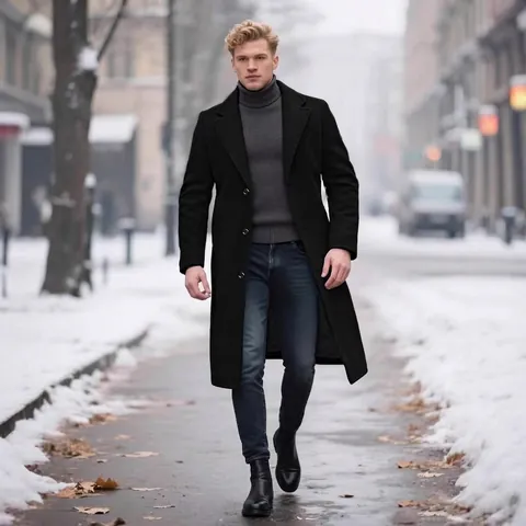 Men's Single Breasted Wool Blend Overcoat Notch Lapel Slim Fit Long Trench Coat For Business Casual Winter Outerwear
