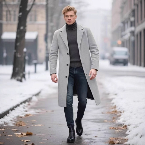 Men's Single Breasted Wool Blend Overcoat Notch Lapel Slim Fit Long Trench Coat For Business Casual Winter Outerwear