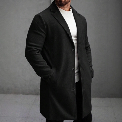 Herren Mittellanger Mantel Revers Einreihige Jacke Slim Fit Business Casual Trenchcoat Für Herbst Winter Einfarbig Kleidung