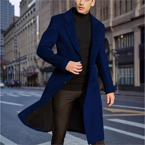 Herren Britischer Stil Mittellanger Wollmischmantel Slim Fit Einreihiger Revers Business Casual Winter Trenchcoat Outerwear