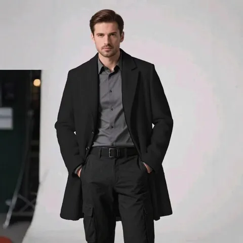 Men Mid-Long Overcoat Business Casual Notch Lapel Single Breasted Wool Blend Coat For Autumn Winter Fashion Warm Outerwear