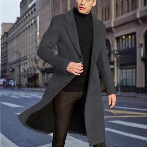 Herren Britischer Stil Mittellanger Wollmischmantel Slim Fit Einreihiger Revers Business Casual Winter Trenchcoat Outerwear