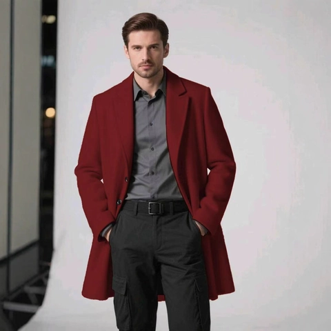 Men Mid-Long Overcoat Business Casual Notch Lapel Single Breasted Wool Blend Coat For Autumn Winter Fashion Warm Outerwear