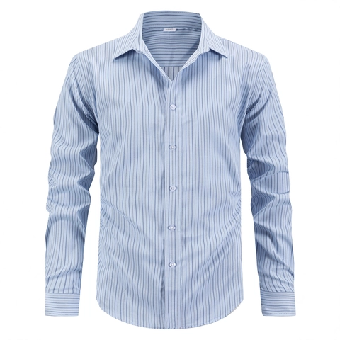 Camicia da Uomo a Maniche Lunghe a Righe Business Casual Misto Poliestere Rayon No Stiro Colletto a Punta Top per Uomo