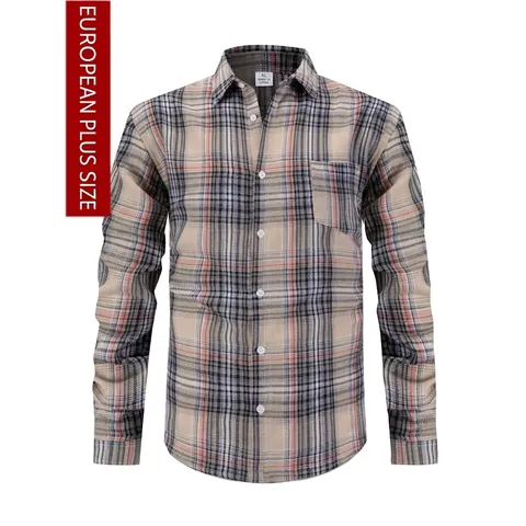 Men Long Sleeve Plaid Shirt Khaki Polyester Rayon Blend Non-Iron Breathable Business Casual Button Down Top For Men Office
