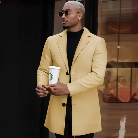 Manteau Mi-Long pour Hommes Aspect Laine Coupe Ajustée Trench-Coat Simple Boutonnage Revers Décontracté Mode Couleur Unie