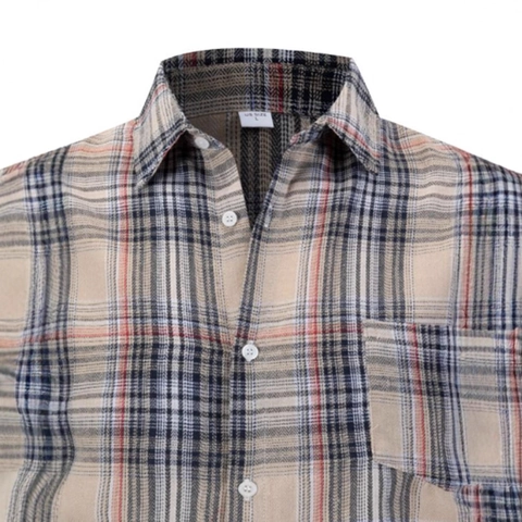 Men Long Sleeve Plaid Shirt Khaki Polyester Rayon Blend Non-Iron Breathable Business Casual Button Down Top For Men Office