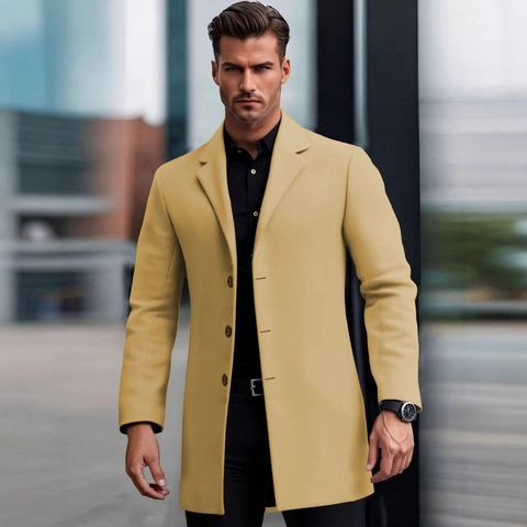 Men Slim Fit Mid Length Trench Coat Notch Lapel Single Breasted Solid Color Business Casual Polyester Overcoat For Spring Autumn