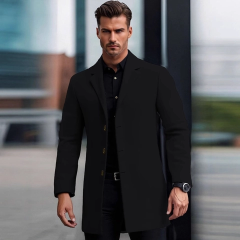 Men Slim Fit Mid Length Trench Coat Notch Lapel Single Breasted Solid Color Business Casual Polyester Overcoat For Spring Autumn