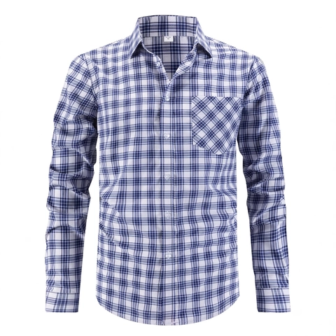Heren Geruit Overhemd Lange Mouwen Zakelijk Casual Revers Knoopsluiting Top Polyester Rayon Mix Marineblauw Geruit Overhemd