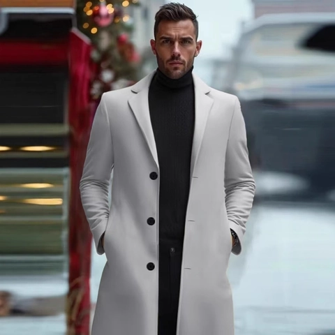 Men Elegant Long Trench Overcoat Slim Fit Polyester Wool Blend Jacket Classic Business Casual Single Breasted Outerwear