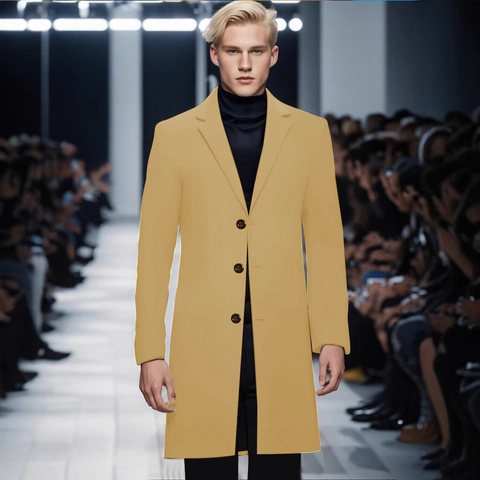 Men's Mid Long Wool Like Coat Slim Fit Single Breasted Notch Lapel Business Casual Winter Overcoat Windbreaker Outerwear
