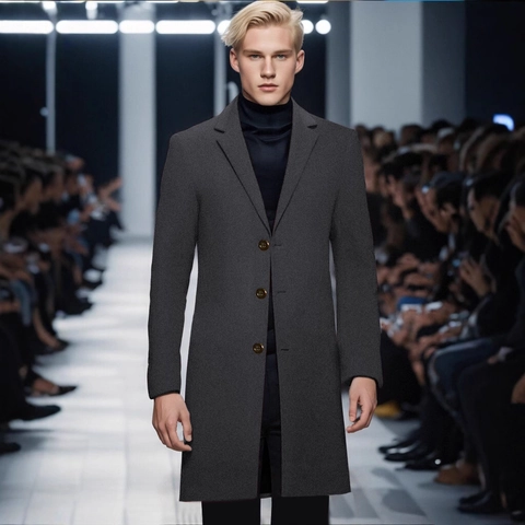 Men's Mid Long Wool Like Coat Slim Fit Single Breasted Notch Lapel Business Casual Winter Overcoat Windbreaker Outerwear