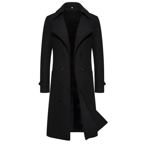 Men Double Breasted Long Trench Coat Slim Fit Polyester Peacoat For Business Casual Daily Wear Spring Autumn Fashion Outerwear