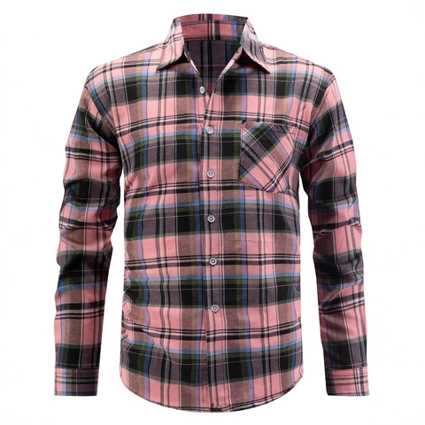 Camicia da Uomo Casual alla Moda a Maniche Lunghe a Quadretti con Revers e Bottoni Camicia Versatile con Taschino in Poliestere