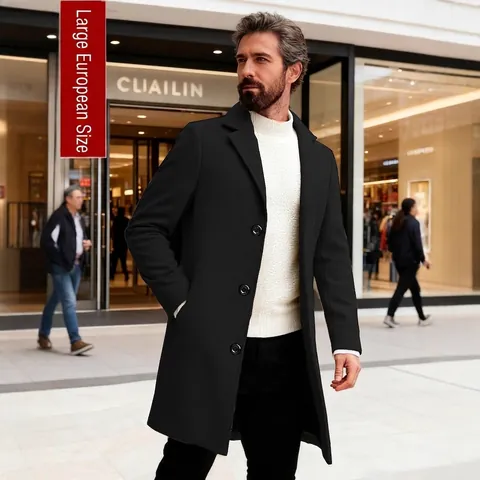Men Woolen Feel Overcoat Slim Fit Business Casual Mid Length Polyester Trench Coat Single Breasted Lapel Winter Outerwear