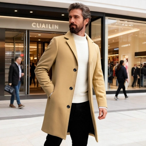 Men Woolen Feel Overcoat Slim Fit Business Casual Mid Length Polyester Trench Coat Single Breasted Lapel Winter Outerwear