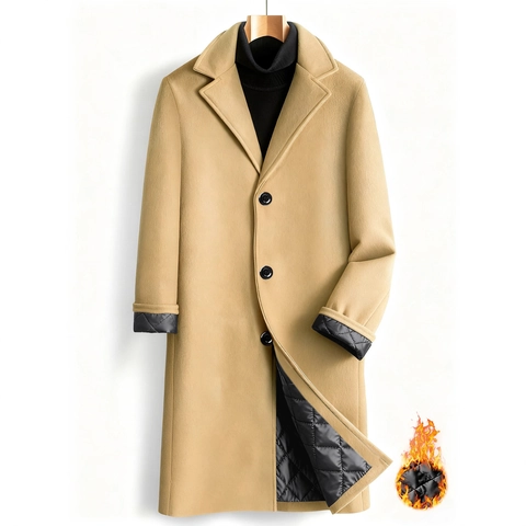 Herren Lang Wollmantel Winter Slim Fit Revers Einreihig Warm Gestepptes Futter Trenchcoat Jacke Für Herren Freizeit Kleidung