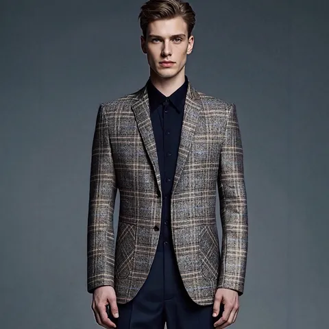 Blazer de Cuadros Casual de Negocios para Hombre Solapa de Muesca Corte Ajustado Chaqueta de Traje Sencilla para Oficina Boda