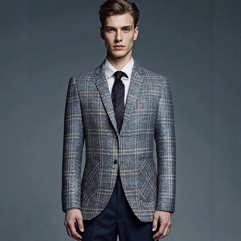Blazer de Cuadros Casual de Negocios para Hombre Solapa de Muesca Corte Ajustado Chaqueta de Traje Sencilla para Oficina Boda
