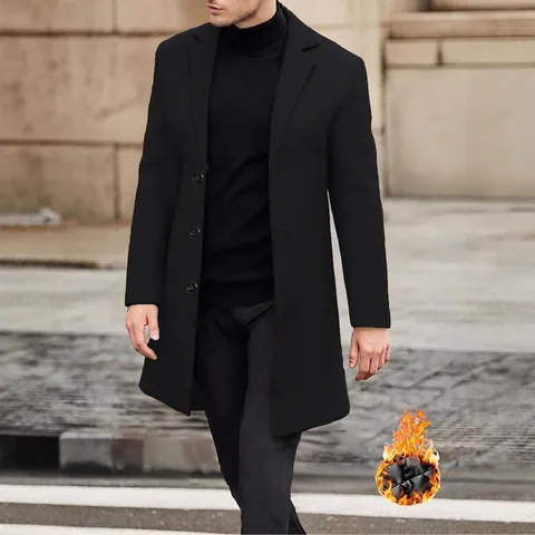 Heren Einreihig Wollmantel Mittellang Revers Verdickt Warm Gesteppt Futter Einfarbig Business Casual Trenchcoat