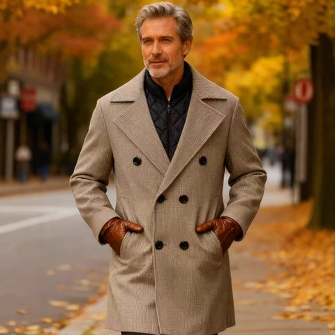 Heren Double Breasted Wollen Jas Dikke Gewatteerde Voering Trenchcoat Houndstooth Lang Winter Zakelijke Casual Jas