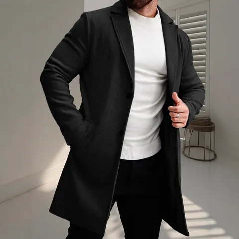 Men Mid-Length Woolen Texture Overcoat Single Breasted Lapel Collar Slim Fit Windbreaker Business Casual Coat For Autumn Winter