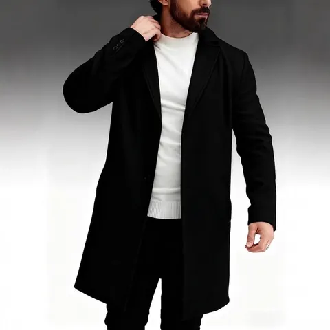 Classic Men's Woolen Overcoat Notch Lapel Single Breasted Slim Fit Mid Length Business Casual Outerwear For Autumn Winter