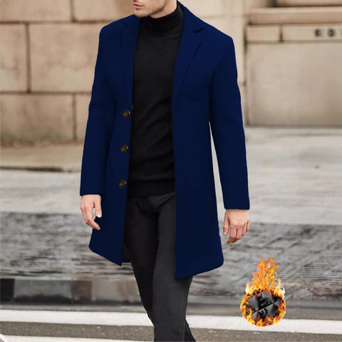 Heren Einreihig Wollmantel Mittellang Revers Verdickt Warm Gesteppt Futter Einfarbig Business Casual Trenchcoat