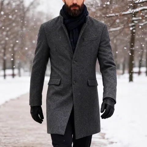 Abrigo de Mezcla de Lana de Largo Medio para Hombre Grueso Cálido Cuello Alto Abrigo Color Sólido Negocios Casual Chaqueta