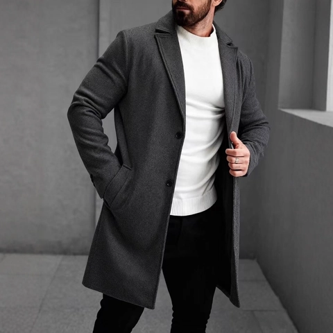 Men Mid-Length Woolen Texture Overcoat Single Breasted Lapel Collar Slim Fit Windbreaker Business Casual Coat For Autumn Winter