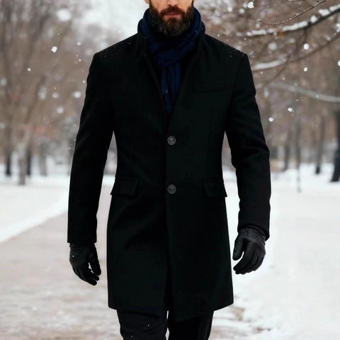 Abrigo de Mezcla de Lana de Largo Medio para Hombre Grueso Cálido Cuello Alto Abrigo Color Sólido Negocios Casual Chaqueta