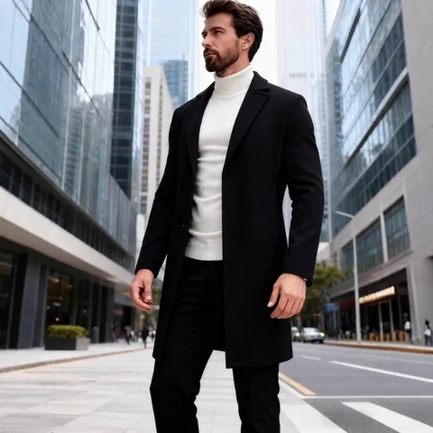Heren Overjas Enkele Rij Knopen Middellang Polyester Jas Business Casual Slim Fit Omslagkraag Stijlvolle Trenchcoat