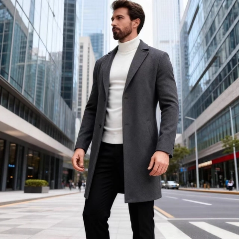 Heren Overjas Enkele Rij Knopen Middellang Polyester Jas Business Casual Slim Fit Omslagkraag Stijlvolle Trenchcoat