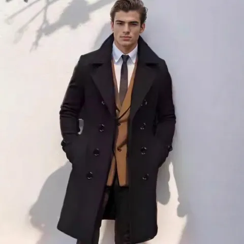 Men Business Casual Wool Blend Overcoat Double Breasted Notched Lapel Winter Long Trench Coat Slim Fit Gentleman Outerwear
