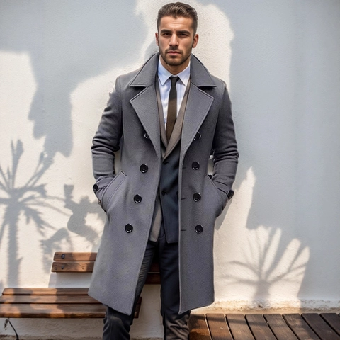 Men Business Casual Wool Blend Overcoat Double Breasted Notched Lapel Winter Long Trench Coat Slim Fit Gentleman Outerwear