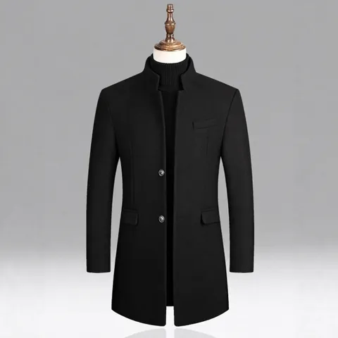 Abrigo de Mezcla de Lana para Hombre Business Casual Largo Medio Cuello Alto Corte Ajustado Sobretodo de Invierno Color Sólido Chaqueta